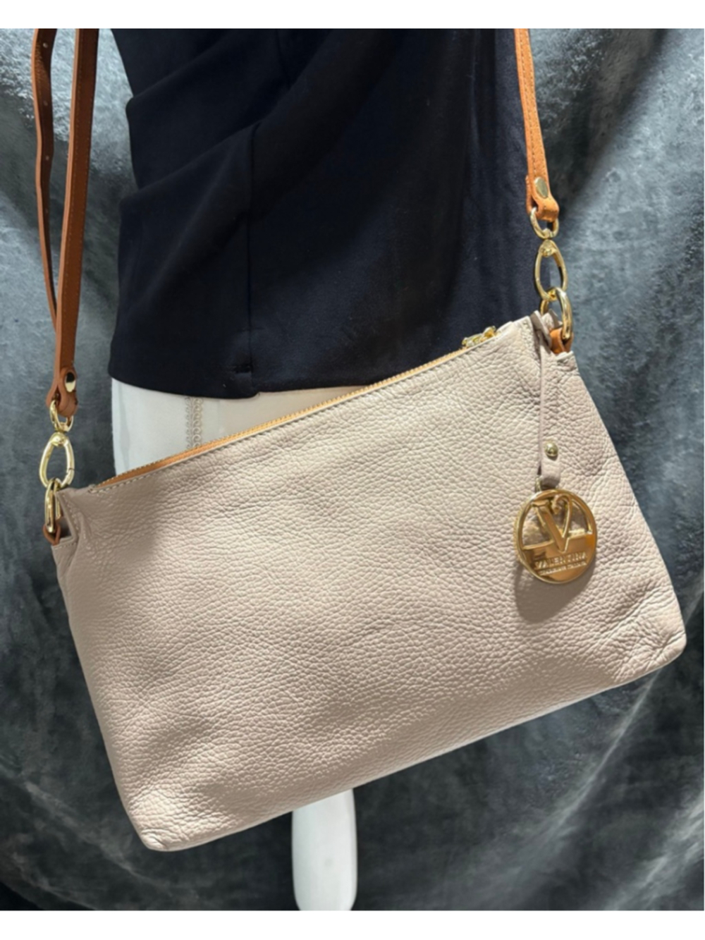 Valentina Taupe Italian Leather Top Loading Crossbody Minimalist Timeless GUC